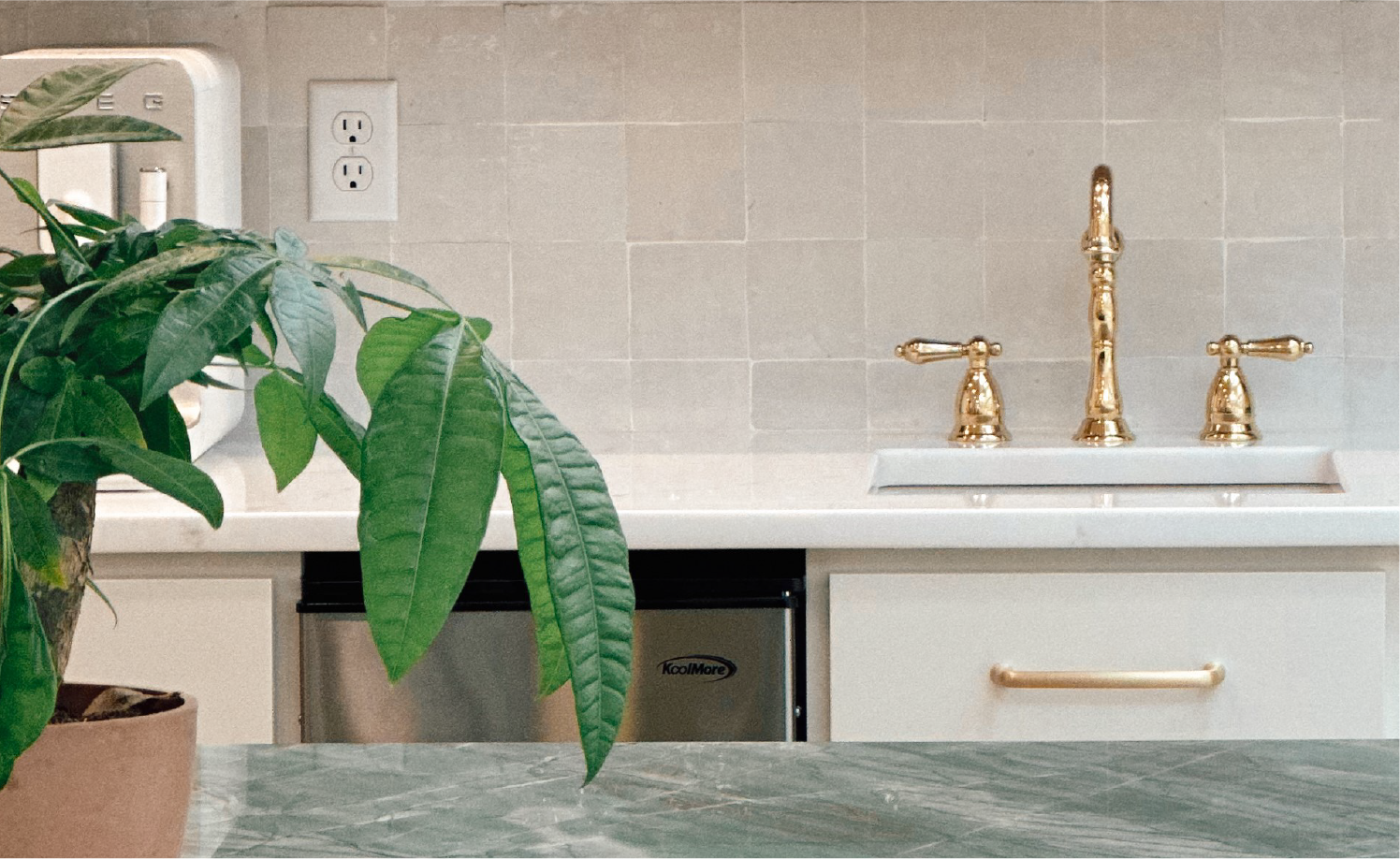 Coffee nook with Amarilla Brass Cabinet Pull - Satin Brass, Victorian Widespread Faucet - Satin Brass
